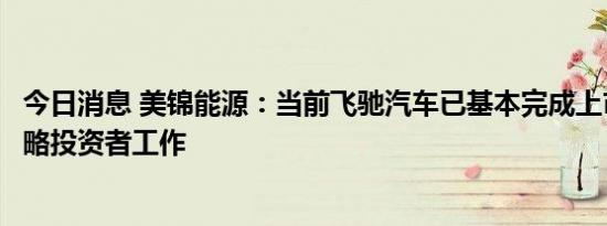 今日消息 美锦能源：当前飞驰汽车已基本完成上市前引入战略投资者工作