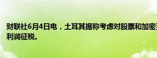 财联社6月4日电，土耳其据称考虑对股票和加密资产产生的利润征税。