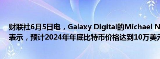 财联社6月5日电，Galaxy Digital的Michael Novogratz表示，预计2024年年底比特币价格达到10万美元或更高。