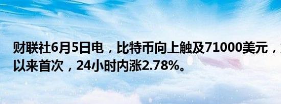 财联社6月5日电，比特币向上触及71000美元，为5月21日以来首次，24小时内涨2.78%。
