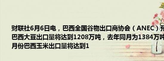 财联社6月6日电，巴西全国谷物出口商协会（ANEC）预计今年6月份巴西大豆出口量将达到1208万吨，去年同月为1384万吨；预计今年6月份巴西玉米出口量将达到1
