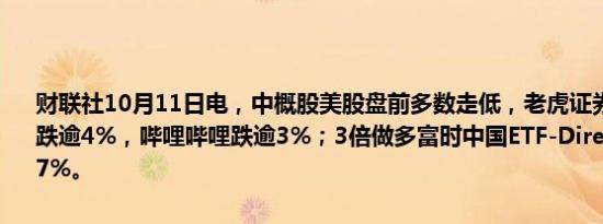 财联社10月11日电，中概股美股盘前多数走低，老虎证券、富途控股跌逾4%，哔哩哔哩跌逾3%；3倍做多富时中国ETF-Direxion盘前跌逾7%。