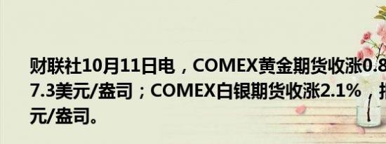 财联社10月11日电，COMEX黄金期货收涨0.81%，报2647.3美元/盎司；COMEX白银期货收涨2.1%，报31.375美元/盎司。