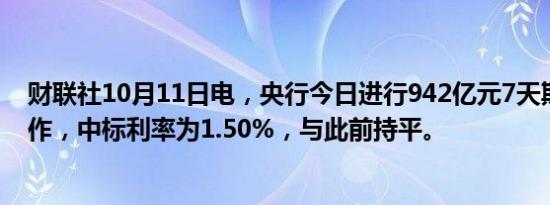 财联社10月11日电，央行今日进行942亿元7天期逆回购操作，中标利率为1.50%，与此前持平。