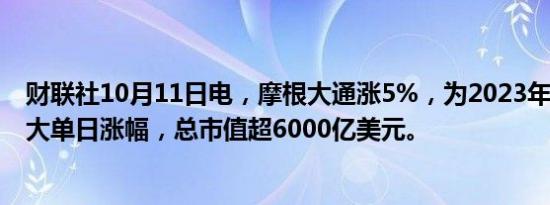 财联社10月11日电，摩根大通涨5%，为2023年4月以来最大单日涨幅，总市值超6000亿美元。