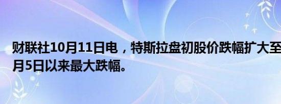 财联社10月11日电，特斯拉盘初股价跌幅扩大至10%，为8月5日以来最大跌幅。