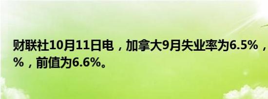 财联社10月11日电，加拿大9月失业率为6.5%，预估为6.7%，前值为6.6%。