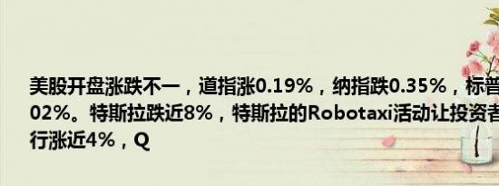 美股开盘涨跌不一，道指涨0.19%，纳指跌0.35%，标普500指数跌0.02%。特斯拉跌近8%，特斯拉的Robotaxi活动让投资者失望。富国银行涨近4%，Q