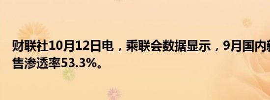 财联社10月12日电，乘联会数据显示，9月国内新能源车零售渗透率53.3%。