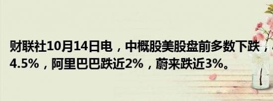财联社10月14日电，中概股美股盘前多数下跌，小鹏汽车跌4.5%，阿里巴巴跌近2%，蔚来跌近3%。