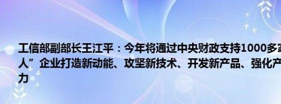 工信部副部长王江平：今年将通过中央财政支持1000多家重点“小巨人”企业打造新动能、攻坚新技术、开发新产品、强化产业链的配套能力