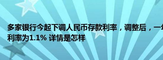多家银行今起下调人民币存款利率，调整后，一年定期存款利率为1.1% 详情是怎样